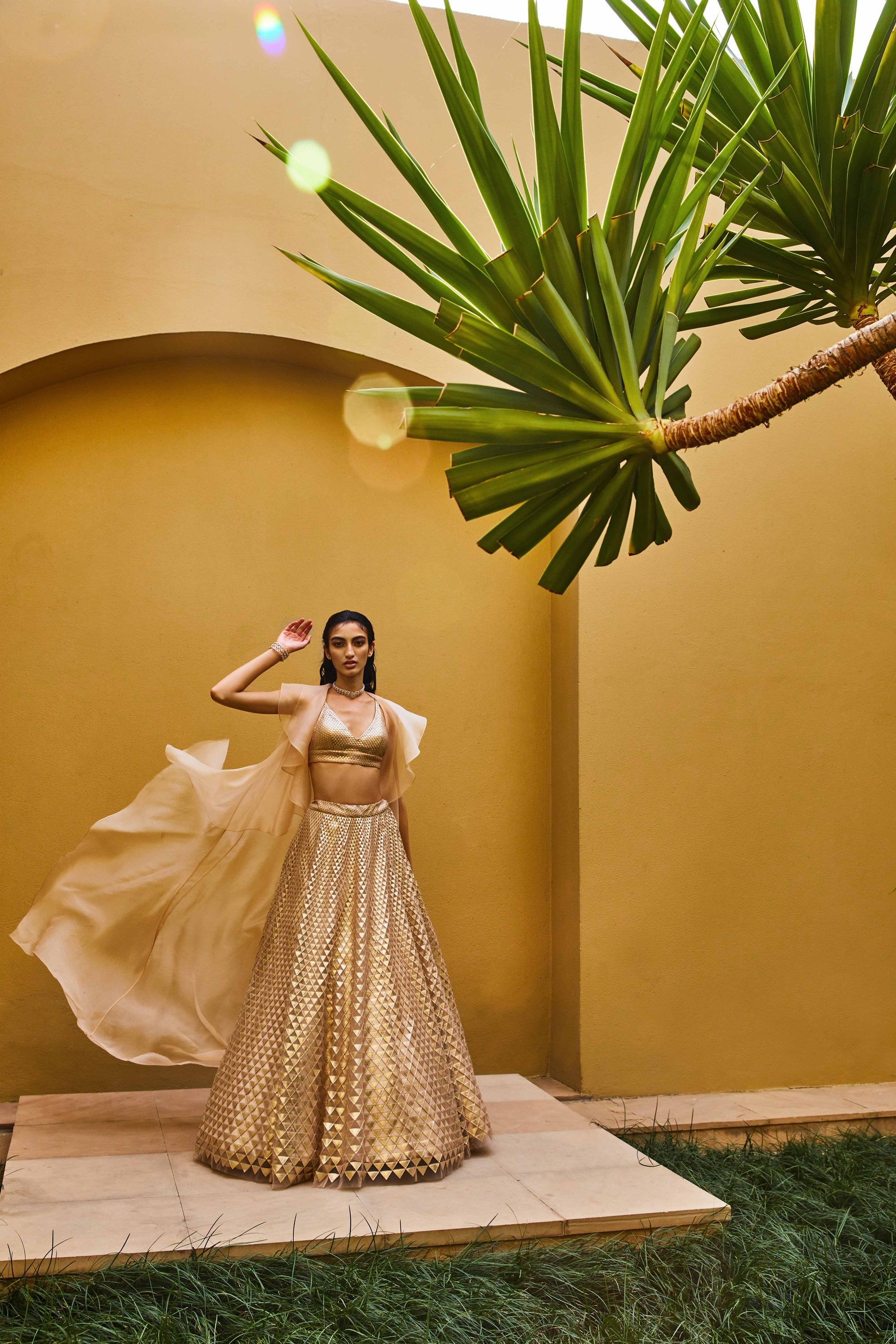 QUPID BEIGE-GOLD HAND-EMBELLISHED LEHENGA SET