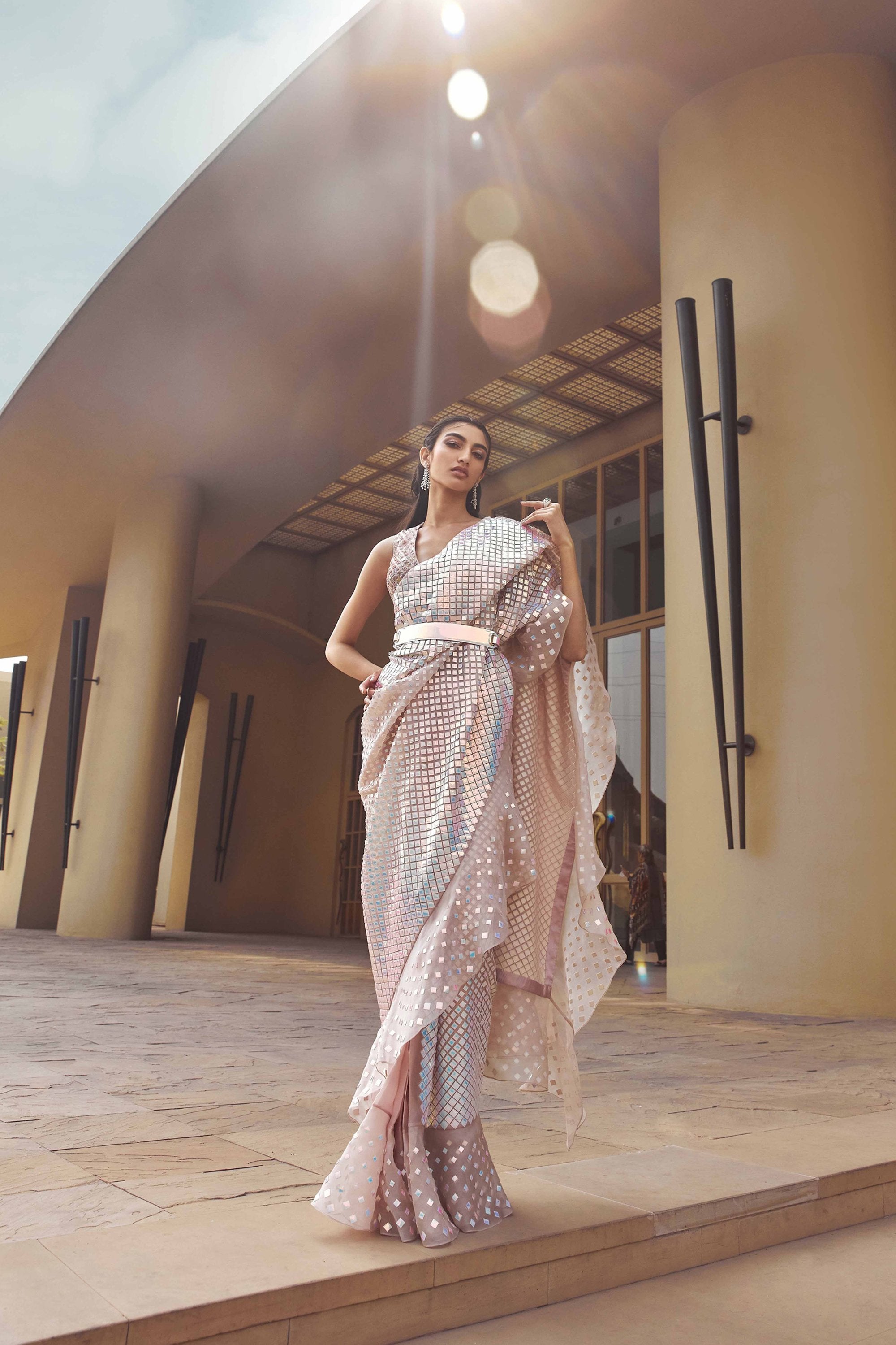 ZIRCONIUM WHISPER PINK HAND-EMBELLISHED SAREE SET