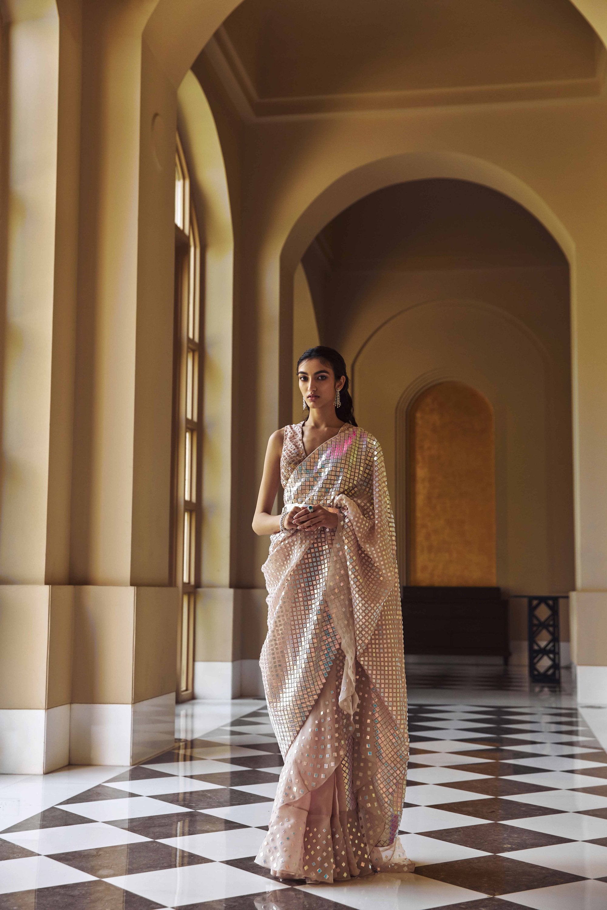 ZIRCONIUM WHISPER PINK HAND-EMBELLISHED SAREE SET
