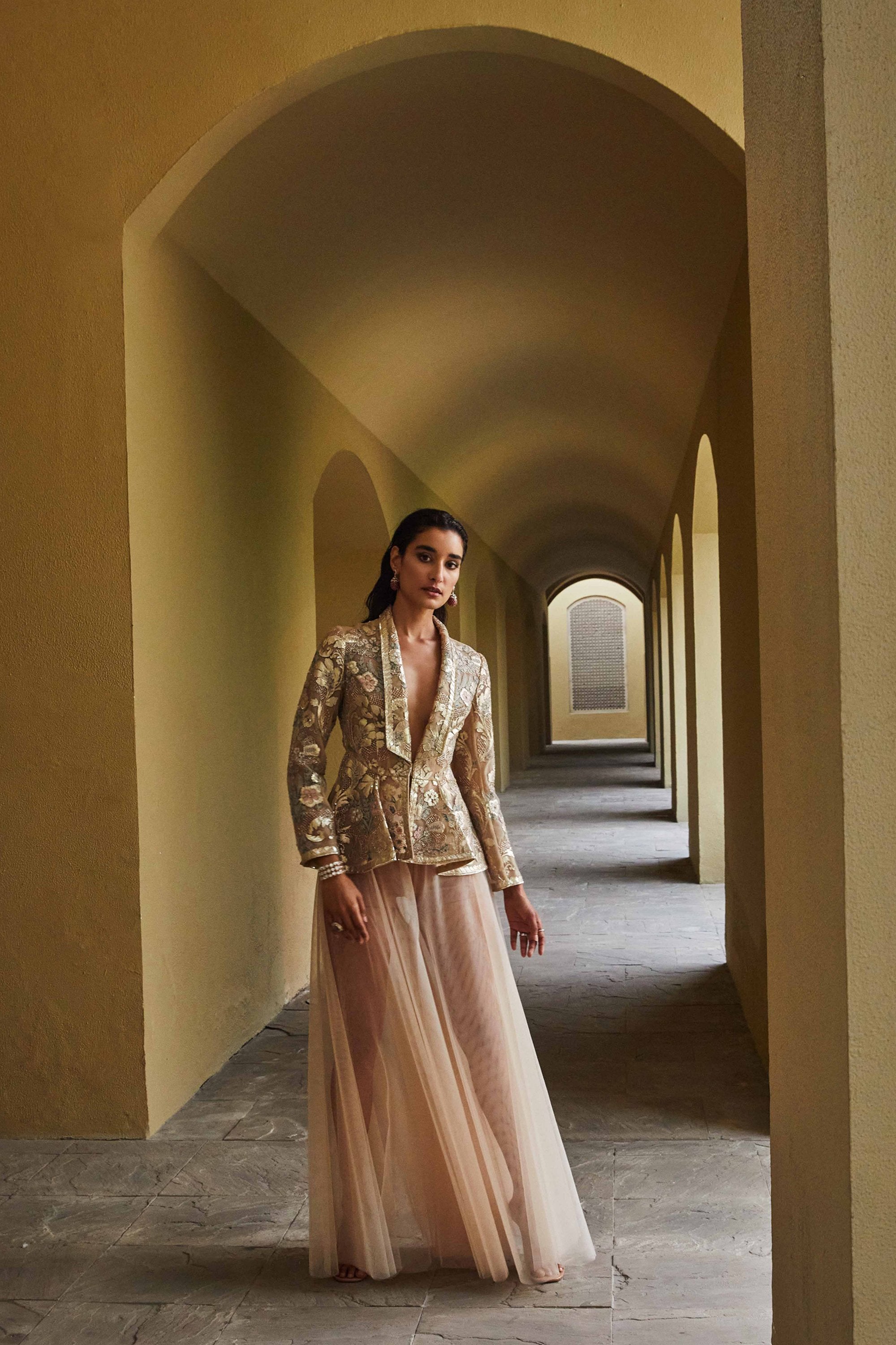 QUPID BEIGE-GOLD HAND-EMBELLISHED JACKET AND SHARARA SET